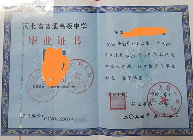 甘肃任丘市第一中学高中毕业证样本图片